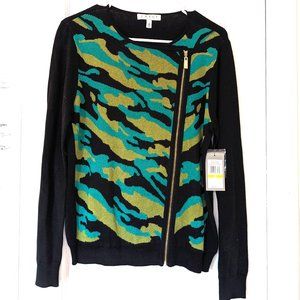 New Chaus Black & Green Camo Print Moto Jacket Style Knit Cardigan - NWT